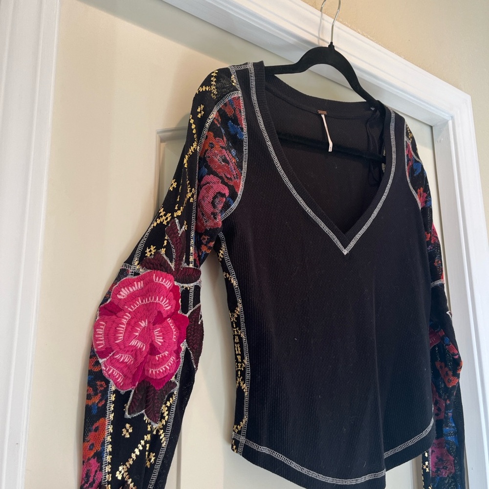 Free People Black Top with Pink Embroidery